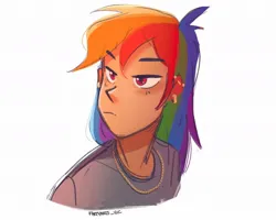Size: 1080x866 | Tagged: safe, artist:fartyarts, artist:fartyarts_vic, artist:mlp-hearts, derpibooru import, rainbow dash, human, bust, clothes, ear piercing, humanized, image, industrial piercing, jewelry, jpeg, necklace, piercing, shirt, simple background, solo, t-shirt, white background