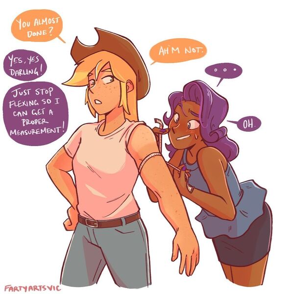 Size: 1080x1087 | Tagged: safe, artist:fartyarts, artist:fartyarts_vic, artist:mlp-hearts, derpibooru import, applejack, rarity, human, blackwashing, clothes, dark skin, denim, duo, female, humanized, image, jeans, jpeg, measuring, measuring tape, muscles, pants, shirt, simple background, speech bubble, t-shirt, white background