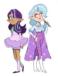 Size: 540x706 | Tagged: safe, derpibooru import, starlight glimmer, trixie, human, belt, boots, cape, clothes, denim, dress, duo, high heel boots, horn, image, jeans, jpeg, pants, shirt, shoes, simple background, skirt, socks, wand, white background