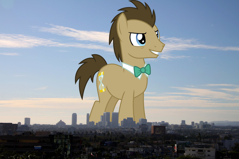 Size: 2048x1365 | Tagged: safe, artist:sketchmcreations, derpibooru import, edit, editor:jaredking779, doctor whooves, time turner, earth pony, pony, background pony, bowtie, california, giant doctor whooves, giant pony, giant/macro earth pony, highrise ponies, image, irl, jpeg, los angeles, macro, male, mega giant, photo, ponies in real life, solo, stallion, story included