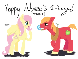 Size: 800x600 | Tagged: safe, anonymous artist, artist:swirlwysketch, derpibooru import, big macintosh, fluttershy, earth pony, pegasus, pony, big macintosh's yoke, blushing, duo, duo male and female, female, flower, flower in mouth, fluttermac, horse collar, image, international women's day, looking at each other, looking at someone, male, mare, mouth hold, png, remake, shipping, simple background, smiling, smiling at each other, stallion, straight, text, transparent background, women's day
