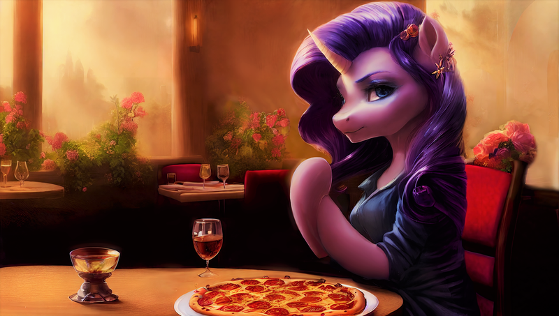 Size: 2658x1504 | Tagged: safe, derpibooru import, machine learning assisted, machine learning generated, stable diffusion, rarity, unicorn, alcohol, clothes, food, glass, image, pizza, png, restaurant, solo, wallpaper, wine, wine glass