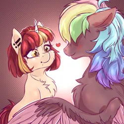 Size: 1024x1024 | Tagged: safe, derpibooru import, oc, oc:walter evans, unofficial characters only, pegasus, pony, unicorn, blushing, chest fluff, colored wings, cute, duo focus, female, image, looking at each other, looking at someone, male, mare, multicolored hair, multicolored mane, multicolored wings, png, rainbow hair, simple background, stallion, wings