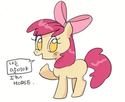 Size: 983x805 | Tagged: safe, artist:ruku631, derpibooru import, apple bloom, earth pony, pony, blank flank, blushing, captain obvious, female, filly, foal, image, korean, looking at you, moon runes, no pupils, png, raised hoof, simple background, solo, speech bubble, text, white background
