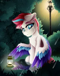 Size: 2500x3150 | Tagged: safe, artist:rainbowfire, derpibooru import, zipp storm, pegasus, pony, spoiler:g5, bush, colored wings, colored wingtips, crying, eyebrows, female, floppy ears, forest, frown, g5, high res, image, lamppost, lantern, light, lightning, mare, multicolored wings, night, png, puddle, rain, sad, signature, sitting, solo, spread wings, tears of pain, tree, wings