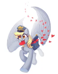 Size: 2048x2609 | Tagged: safe, artist:amishy, derpibooru import, derpy hooves, pegasus, pony, bag, cap, cute, derpabetes, female, hat, heart, holiday, image, jpeg, large wings, mailbag, mailmare, mare, mouth hold, saddle bag, simple background, solo, valentine, valentine's day, white background, wings