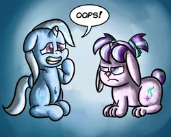 Size: 3000x2400 | Tagged: safe, artist:saburodaimando, derpibooru import, starlight glimmer, trixie, pony, rabbit, unicorn, animal, female, filly, filly trixie, image, nervous, png, species swap, starlight glimmer is not amused, unamused, younger