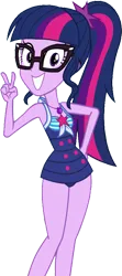 Size: 439x990 | Tagged: safe, artist:homersimpson1983, derpibooru import, edit, edited screencap, screencap, sci-twi, twilight sparkle, equestria girls, equestria girls series, forgotten friendship, background removed, clothes, female, image, looking at you, not a vector, peace sign, png, simple background, solo, swimsuit, transparent background