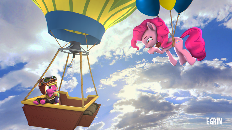 Size: 3840x2160 | Tagged: safe, artist:egr1n, derpibooru import, cherry berry, pinkie pie, earth pony, pony, 3d, 4k, anaglyph 3d, aviator hat, bag, balloon, bomber jacket, clothes, cloud, day, duo, duo female, female, flying, happy, hat, high res, hot air balloon, image, jacket, pink eyes, pink hair, pink mane, png, rope, scarf, sky, sleeping bag, source filmmaker, sun