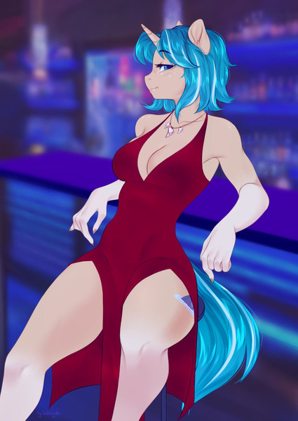 Size: 1416x2000 | Tagged: safe, alternate version, artist:bylullabysoft, derpibooru import, oc, oc:depth chaser, unofficial characters only, anthro, unicorn, bar, bar counter, clothes, dress, female, horn, image, jpeg, looking at you, smiling, solo, solo female, unicorn oc