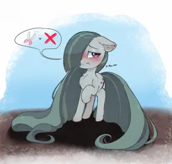 Size: 1200x1142 | Tagged: safe, artist:inkypuso, derpibooru import, marble pie, earth pony, pony, blushing, chest fluff, cute, emanata, female, floppy ears, frown, hair over one eye, image, jpeg, long mane, long tail, marblebetes, mare, pictogram, plewds, solo, sweat, tail