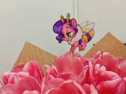 Size: 2936x2185 | Tagged: safe, artist:jewellier, derpibooru import, photographer:jewellier, pipp, pipp petals, bee, bee pony, hybrid, insect, original species, pony, antennae, bouquet, bumblebee, bumblebipp, chest fluff, chibi, female, flower, g5, image, insect wings, irl, jpeg, photo, pipp is short, pipp is smol, ponies in real life, smol, solo, species swap, tiny, tiny ponies, traditional art, tulip, wings
