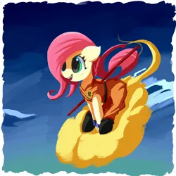 Size: 1600x1600 | Tagged: safe, artist:solid shrimp, derpibooru import, fluttershy, pegasus, pony, clothes, cloud, dragon ball, female, filly, foal, image, jpeg, jumpsuit, sitting, sky, solo, son goku