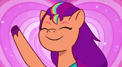 Size: 3300x1834 | Tagged: safe, derpibooru import, screencap, sunny starscout, earth pony, pony, abstract background, eyes closed, female, g5, heart, heart background, image, mare, png, raised hoof, smiling, solo, sparkles, sunny's smoothie moves
