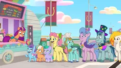 Size: 1920x1080 | Tagged: safe, derpibooru import, screencap, posey (g5), queen haven, sunny starscout, earth pony, pegasus, pony, unicorn, my little pony: tell your tale, spoiler:g5, spoiler:my little pony: tell your tale, spoiler:tyts01e47, :o, drink, female, filly, flare (g5), foal, g5, glory (g5), grin, image, line, looking at each other, looking at someone, male, mare, one of these things is not like the others, open mouth, open smile, peach fizz, pippsqueak trio, png, rufus, seashell (g5), smiling, smoothie, stallion, starry eyes, sunny's smoothie moves, thunder (g5), wingding eyes