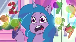 Size: 3300x1843 | Tagged: safe, derpibooru import, screencap, izzy moonbow, pony, unicorn, 2, 9, apple, banana, carrot, female, food, fruit, g5, image, lemon, mare, numbers, open mouth, orange, png, solo, sunny's smoothie moves