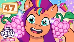 Size: 1280x720 | Tagged: safe, derpibooru import, screencap, sunny starscout, earth pony, pony, my little pony: tell your tale, spoiler:tyts01e47, berry, female, food, fruit, g5, image, jpeg, looking at you, mare, my little pony logo, open mouth, open smile, smiling, smiling at you, smoothie, solo, sparkles, sparkly eyes, sunny's smoothie moves, thumbnail, wingding eyes, youtube thumbnail