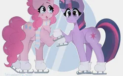 Size: 1590x986 | Tagged: dead source, safe, artist:strawberry_sean, derpibooru import, pinkie pie, twilight sparkle, pony, clothes, duo, female, g4, ice skates, image, lesbian, my little pony, png, scarf, shipping, skates, striped scarf, twinkie