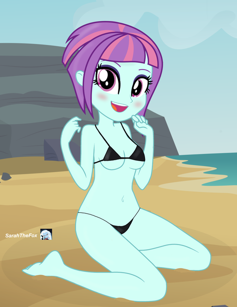 Size: 2550x3300 | Tagged: suggestive, artist:missmoonlightangel, artist:sarahthefox97, derpibooru import, sunny flare, human, equestria girls, base used, beach, bikini, black bikini, blushing, clothes, female, image, kneeling, open mouth, open smile, png, smiling, solo, solo female, stupid sexy sunny flare, swimsuit