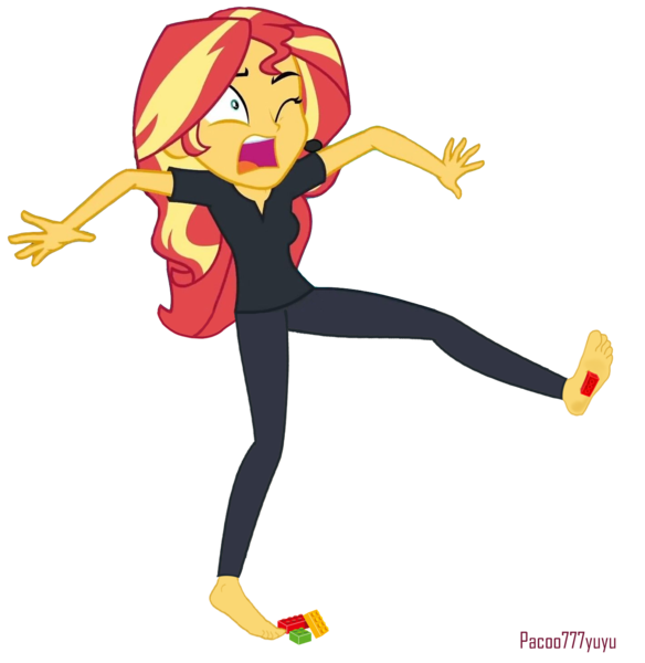 Size: 1427x1466 | Tagged: safe, derpibooru import, sunset shimmer, equestria girls, barefoot, feet, female, image, lego, meme, png, simple background, solo, step, stepping on a lego, sunset, transparent background