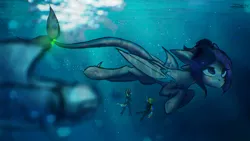 Size: 2276x1280 | Tagged: safe, artist:skanim-sdw, derpibooru import, oc, oc:darky wings, oc:kaspar, oc:nightsong, unofficial characters only, original species, pegasus, pony, sea pony, shark, shark pony, bubble, female, giant pony, giantess, image, macro, micro, ocean, png, sketch, submarine, subnautica, tiny, tiny ponies, underwater, water
