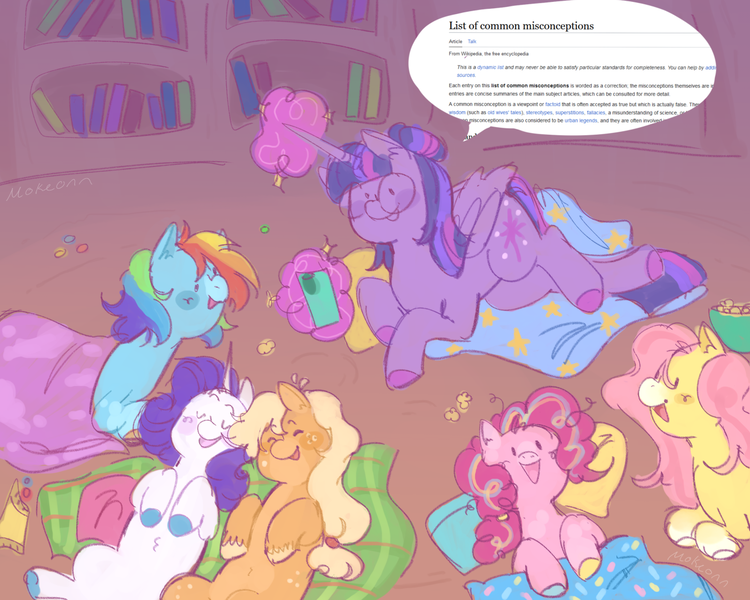 Size: 1280x1024 | Tagged: safe, artist:mokeonn, derpibooru import, applejack, fluttershy, pinkie pie, rainbow dash, rarity, twilight sparkle, twilight sparkle (alicorn), alicorn, earth pony, pegasus, pony, unicorn, glasses, golden oaks library, image, library, mane six, png, sleepover, wikipedia