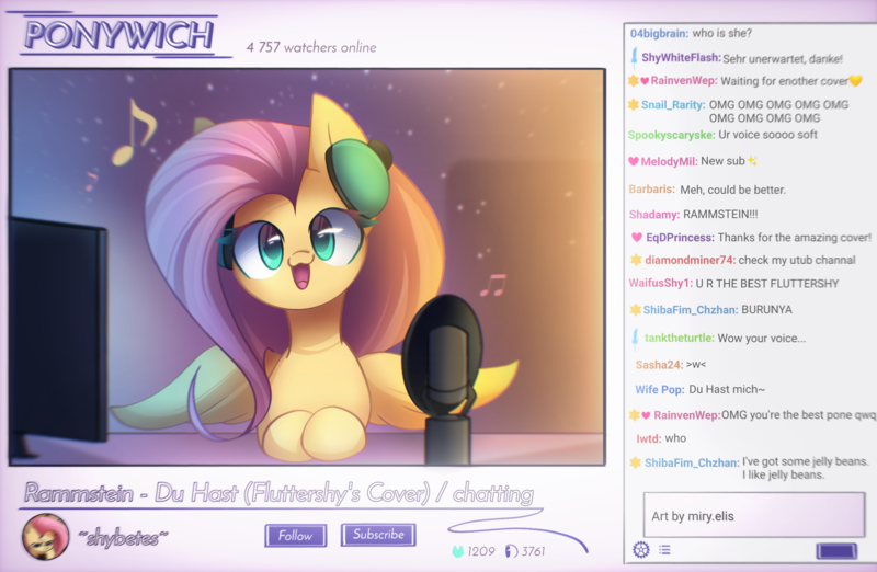 Size: 2300x1500 | Tagged: safe, artist:miryelis, derpibooru import, fluttershy, ponified, pegasus, pony, button, comments, cute, female, heart, image, long hair, mare, microphone, music notes, png, rammstein, river, shyabetes, signature, smiling, solo, stream, text, twitch, water