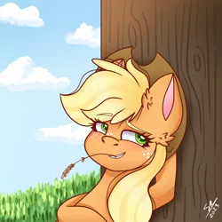 Size: 1280x1280 | Tagged: safe, artist:galaxy swirl, derpibooru import, applejack, earth pony, pony, applejack's hat, cowboy hat, eyebrows, eyebrows visible through hair, female, hat, hay stalk, image, jpeg, lidded eyes, mare, mouth hold, raised eyebrow, solo, stetson