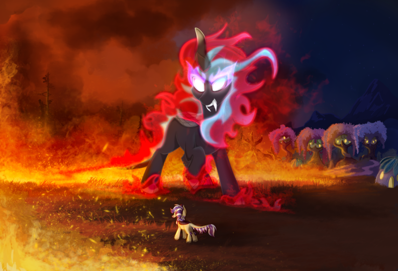 Size: 3300x2250 | Tagged: safe, artist:rutkotka, derpibooru import, oc, oc:lotus cinder, kirin, nirik, pony, fanfic:words of power, dream, female, fire, giant kirin, high res, image, kirin village, macro, mare, night, nightmare, png, story in the source, story included