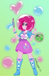 Size: 1310x2024 | Tagged: safe, artist:cutieboysour, derpibooru import, gummy, pinkie pie, equestria girls, boots, bubble, clothes, duo, gradient background, heart, high heel boots, image, jacket, jpeg, shirt, shoes, skirt, solo, vest