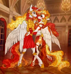 Size: 2100x2200 | Tagged: safe, derpibooru import, daybreaker, nightmare star, princess celestia, oc, oc:king phoenix, alicorn, anthro, alicorn oc, armor, armor skirt, candle, castle, clothes, dancing, dress, hall, hooves, horn, hug, image, legs, light, looking at each other, looking at someone, love, microsoft, png, skirt, waltz, window, windows, wings