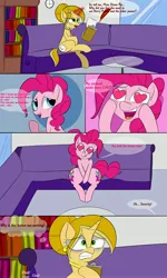 Size: 3000x5000 | Tagged: suggestive, artist:bestponies, derpibooru import, pinkie pie, oc, oc:double time, pony, book, bookshelf, clock, comic, cutie mark theft, dialogue, glasses, heart, heart eyes, image, jpeg, magic, multiple cutie marks, open mouth, scared, vore, window, wingding eyes