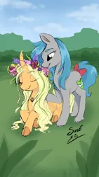 Size: 720x1280 | Tagged: safe, artist:elisdoominika, derpibooru import, oc, oc:amber clementine, oc:sweet elis, unofficial characters only, earth pony, unicorn, derpibooru exclusive, digital art, earth pony oc, floral head wreath, flower, flower in hair, freckles, horn, image, nature, outdoors, peace symbol, png, ribbon, smiling, unicorn oc