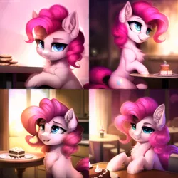 Size: 2560x2560 | Tagged: safe, ai content, derpibooru import, machine learning generated, novelai, stable diffusion, pinkie pie, earth pony, pony, g4, cake, chest fluff, cookie, cute, diapinkes, ear fluff, female, fluffy, food, high res, image, jpeg, kitchen, looking at you, mare, open mouth, open smile, prompter:endless--, sitting, smiling, solo