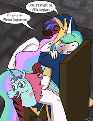 Size: 893x1155 | Tagged: suggestive, artist:zani-loki, derpibooru import, princess celestia, oc, anthro, aftercare, anthro oc, blushing, censored, comic, crying, hug, image, png, sitting on lap, spanked, spanking