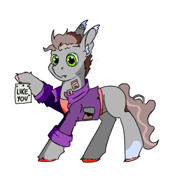 Size: 894x873 | Tagged: safe, artist:hrabiadeblacksky, derpibooru import, oc, unofficial characters only, undead, vampire, vampony, brown hair, clothes, gray fur, green eyes, image, jacket, like you, png, purple jacket, simple background, solo