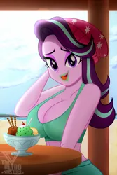 Size: 1993x2989 | Tagged: suggestive, artist:theretroart88, derpibooru import, starlight glimmer, equestria girls, arm behind head, breasts, busty starlight glimmer, cleavage, eating, female, food, high res, ice cream, image, looking at you, open mouth, png, solo, solo female, suggestive eating