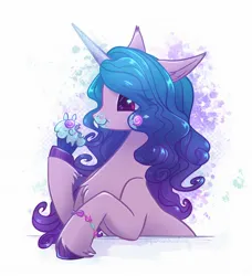 Size: 1870x2048 | Tagged: safe, artist:qwennondeathdie, derpibooru import, izzy moonbow, pony, unicorn, cupcake, eating, female, food, g5, image, jpeg, simple background, solo, white background