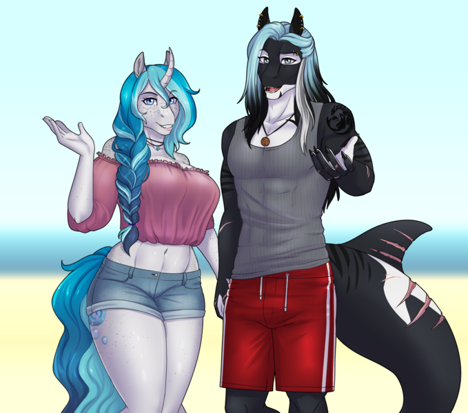 Size: 3733x3300 | Tagged: safe, artist:askbubblelee, derpibooru import, oc, oc:bubble lee, oc:mako, unofficial characters only, anthro, digitigrade anthro, orca, orca pony, original species, pony, unicorn, anthro oc, beach, belly button, big breasts, breasts, clothes, couple, digital art, ear piercing, fangs, female, freckles, holding hands, horn, image, looking at you, makolee, male, mare, oc x oc, off shoulder, piercing, png, reaching, scar, shipping, shirt, shorts, smiling, stallion, straight, swimming trunks, swimsuit, unicorn oc, water