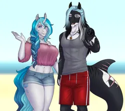 Size: 3733x3300 | Tagged: safe, artist:askbubblelee, derpibooru import, oc, oc:bubble lee, oc:mako, unofficial characters only, anthro, digitigrade anthro, orca, orca pony, original species, pony, unicorn, anthro oc, beach, belly button, big breasts, breasts, clothes, couple, digital art, ear piercing, fangs, female, freckles, holding hands, horn, image, looking at you, makolee, male, mare, oc x oc, off shoulder, piercing, png, reaching, scar, shipping, shirt, shorts, smiling, stallion, straight, swimming trunks, swimsuit, unicorn oc, water