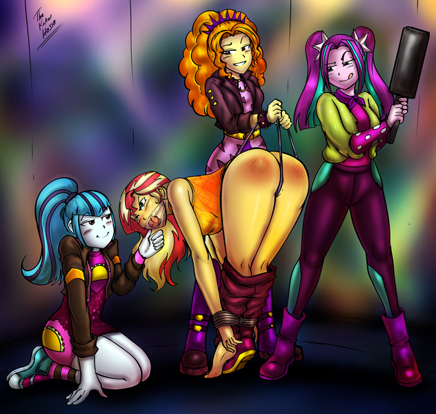 Size: 6000x5695 | Tagged: suggestive, artist:dakuroihoshi, artist:zebramane, derpibooru import, adagio dazzle, aria blaze, sonata dusk, sunset shimmer, human, equestria girls, equestria girls series, sunset's backstage pass!, spoiler:eqg series (season 2), a-domme-gio, ariadom, ass, bunset shimmer, butt, clothes, embarrassed, femsub, fetish, gag, humiliation, image, jpeg, paddle, pants, pants down, public humiliation, sonatadom, spank mark, spanked, spanking, submissive, subset, the dazzlings, tied up, wedgie, wedgie fetish