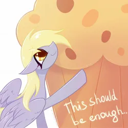 Size: 2048x2048 | Tagged: safe, artist:qwennondeathdie, derpibooru import, derpy hooves, pegasus, pony, female, food, giant food, giant muffin, image, imminent stuffing, jpeg, looking at something, looking up, muffin, partially open wings, signature, simple background, smiling, solo, that pony sure does love muffins, white background, wings