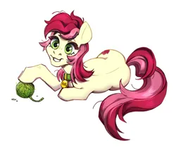 Size: 1773x1486 | Tagged: safe, artist:joowik, derpibooru import, roseluck, pony, behaving like a cat, collar, commission, commissioner:doom9454, cute, image, lying down, pet tag, png, pony pet, rosepet, yarn, yarn ball