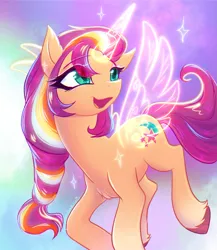 Size: 1775x2048 | Tagged: safe, artist:qwennondeathdie, derpibooru import, sunny starscout, alicorn, pony, my little pony: a new generation, artificial horn, artificial wings, augmented, female, g5, horn, image, jpeg, magic, magic horn, magic wings, race swap, sunnycorn, wings