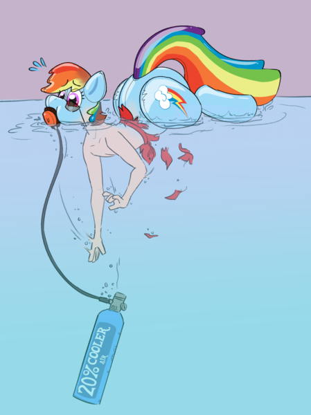 Size: 1422x1902 | Tagged: questionable, artist:mountaindewdrawer, derpibooru import, rainbow dash, oc, human, inflatable pony, 20% cooler, air inflation, air tank, clothes, commission, dropping, fetish, human oc, human to pony, image, immobile, inflatable, inflatable fetish, inflatable toy, inflation, male to female, oops, png, pool toy, rule 63, simple background, solo, sunglasses, surprised, sweat, swimming pool, torn clothes, transformation, transgender, transgender transformation, underwater, water