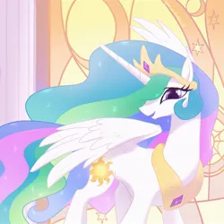 Size: 2048x2048 | Tagged: safe, artist:qwennondeathdie, derpibooru import, princess celestia, alicorn, pony, concave belly, crown, ethereal mane, ethereal tail, female, image, jewelry, jpeg, long mane, looking at you, mare, partially open wings, peytral, regalia, solo, tail, wings