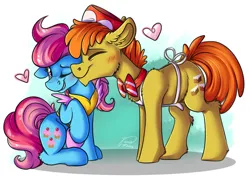 Size: 1920x1358 | Tagged: safe, artist:julunis14, derpibooru import, carrot cake, cup cake, earth pony, pony, eyes closed, female, heart, image, jpeg, male, mare, married couple, one eye closed, raised hoof, snuggling, stallion