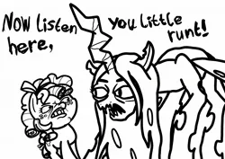 Size: 2048x1448 | Tagged: safe, artist:ewoudcponies, derpibooru import, cozy glow, queen chrysalis, changeling, changeling queen, pegasus, pony, black and white, duo, female, filly, foal, grayscale, image, jpeg, lineart, listen here, meme, monochrome, simple background, white background