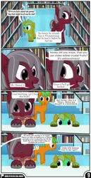 Size: 1519x2942 | Tagged: safe, artist:mrkm, derpibooru import, oc, oc:caramel star(mrkm), oc:cherry night, oc:hard sprocket, bat pony, pony, unicorn, comic:synthesis, bat pony oc, bat wings, book, colt, comic, crystal empire, dialogue, ear fluff, eeee, fangs, female, foal, hooves on the table, horn, image, library, male, mare, mouth hold, offscreen character, png, pov, speech bubble, stairs, stallion, unicorn oc, unshorn fetlocks, wings