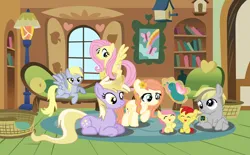 Size: 1672x1036 | Tagged: safe, artist:marbowsta, derpibooru import, derpy hooves, dinky hooves, fluttershy, oc, oc:apple cider, oc:apple song, oc:flutter butter, oc:stanley science, earth pony, pegasus, pony, artist:, baby, baby pony, base used, colt, female, filly, flower, flower in hair, fluttershy's cottage, foal, image, levitation, lying down, magic, male, mare, offspring, older, older dinky hooves, parent:big macintosh, parent:derpy hooves, parent:doctor whooves, parent:fluttershy, parents:doctorderpy, parents:fluttermac, play date, png, prone, telekinesis